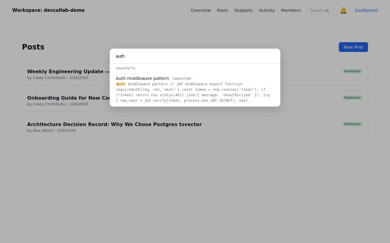 DevCollab Cmd+K search modal overlay showing full-text search results across messages, code snippets, and workspaces