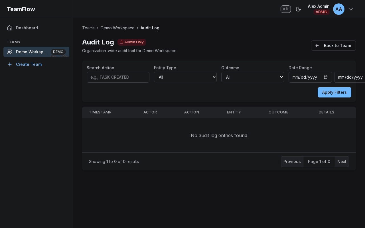 TeamFlow audit log displaying a chronological history of team actions with timestamps and actor names