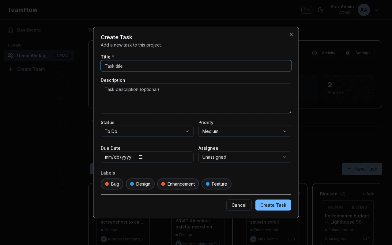 TeamFlow task creation modal with fields for title, description, assignee selection, and priority level