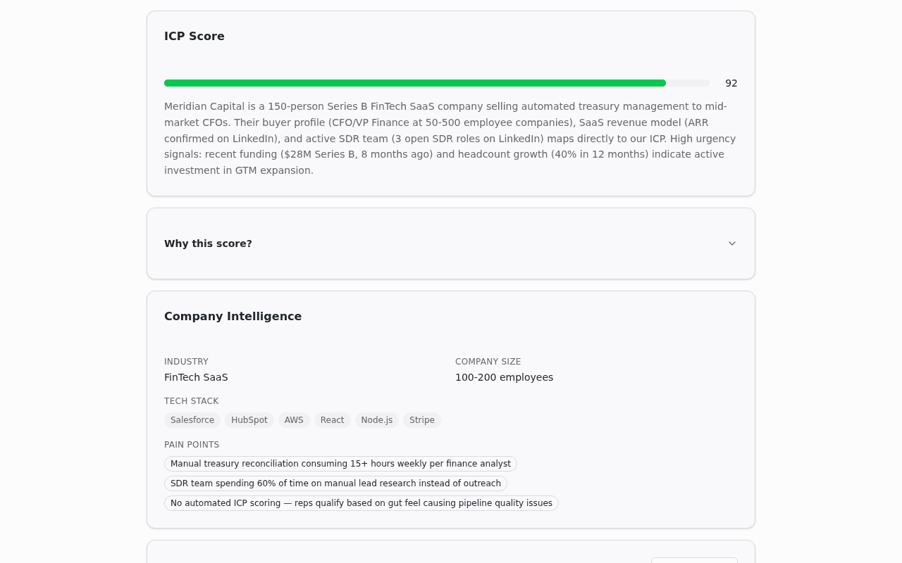 AI SDR lead detail page showing the ICP ScoreCard with a colored horizontal score bar at 85 and the Why This Score accordion expanded with matched and weak criteria bullets
